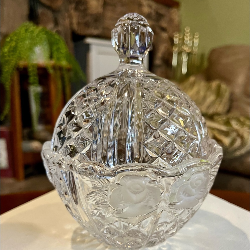 Vintage Lidded Crystal Dish with Frosted Rose Pattern West Germany Lead Crystal